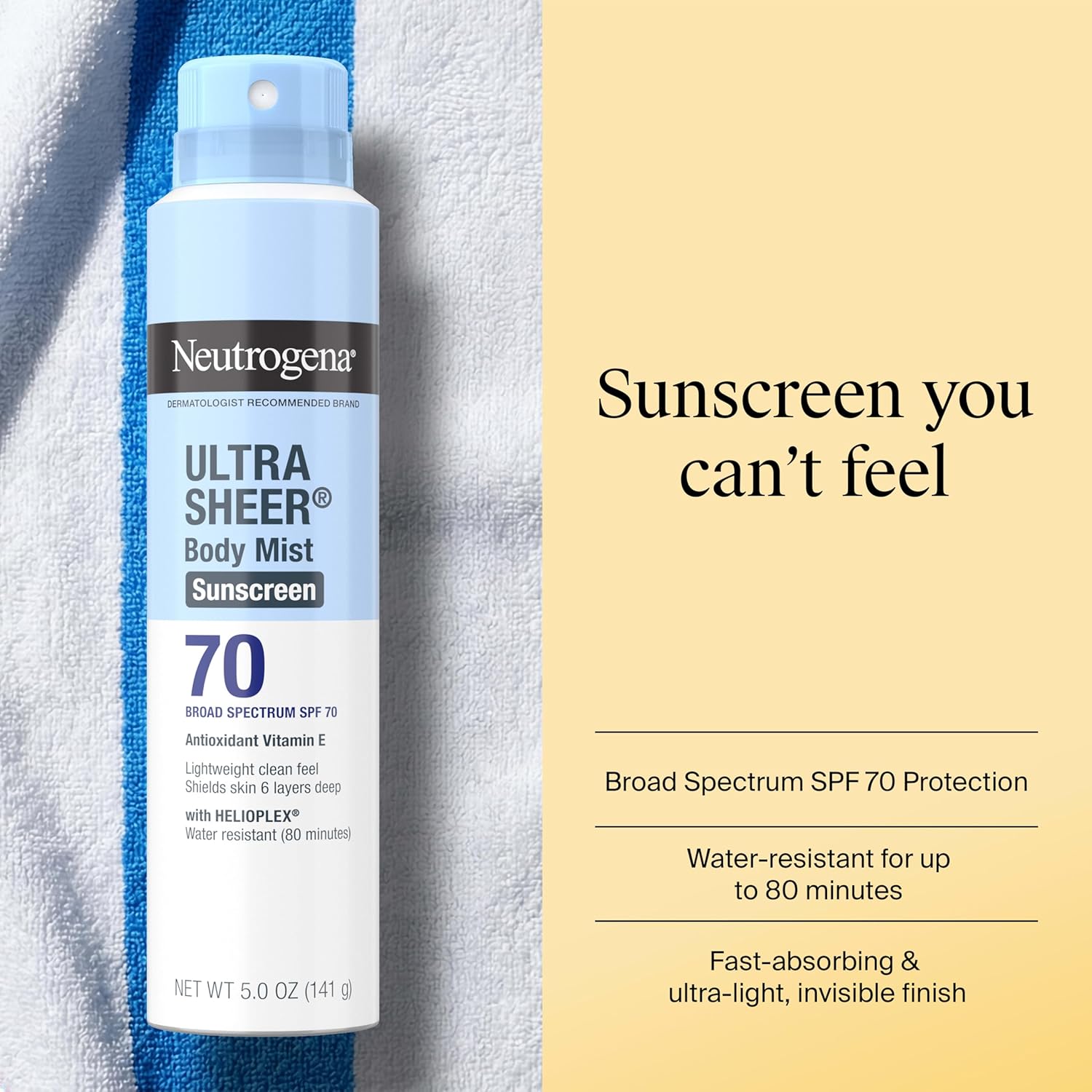 Neutrogena Ultra Sheer Dry Touch Sunscreen Spray SPF 70 Broad Spectrum UVA UVB Protection Lightweight Water Resistant up to 80 Minutes PABA Oxybenzone Free, 3-pack of 5 oz - Image 3